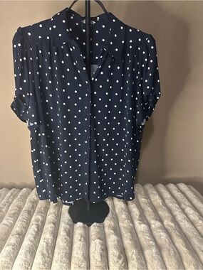 Adrianna Papell Polka Dot Navy Short-Sleeve Blouse